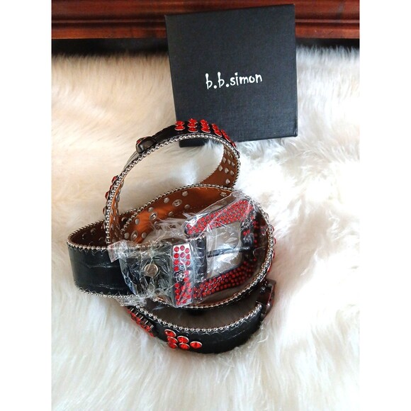 NEW in BOX B.B. Simon Belt Silver Studded w/Red Stones and Skulls Signature Logo - Picture 1 of 13
